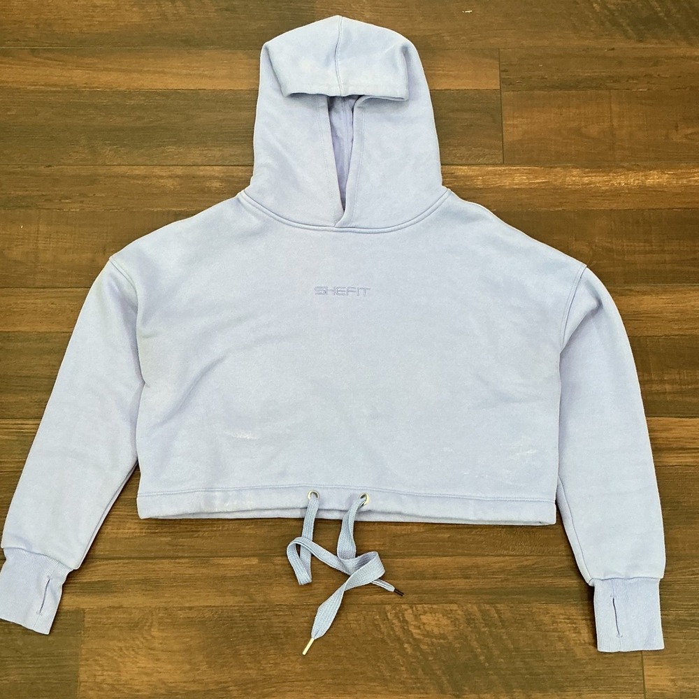 SHEFIT Luxe Cropped Hoodie Periwinkle Blue Drawstring Thumbhole Size M Top